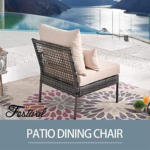Festival Depot Patio Wicker Dining Chair, All-Weather Rattan Sectional Sofa Outdoor Furniture with Metal Frame Removable Seat & Back Cushion Pillow for Garden Pool Backyard Lawn (Beige)