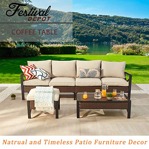 Festival Depot Metal Outdoor Side Coffee End Table Patio Bistro Living Room Dining Table Wood Grain Top Wicker Rattan Furniture with Side X Shaped Slatted Steel Legs Brown Black 