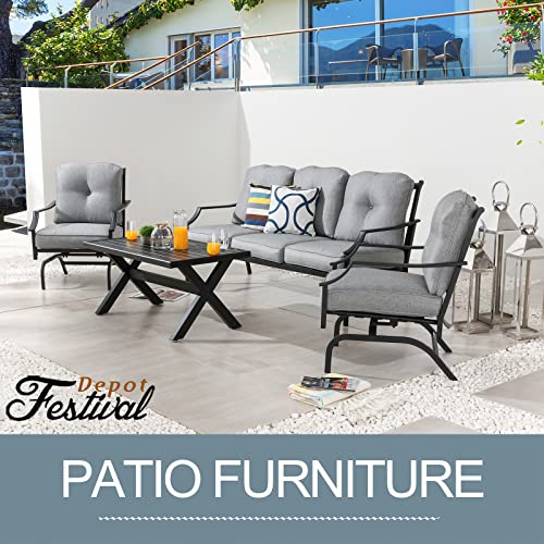 Festival Depot 4 Pieces Patio Conversation Set Outdoor Furniture Set (3-Seats Loveseat, 2 Armchairs and 1 Coffee Table) with Metal Frame and Cushions for Garden Poolside Backyard Deck