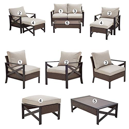 Festival Depot 7 Pcs Patio Outdoor Furniture Loveseat Conversation Set Sectional Sofa with All-Weather Brown Wicker Back Chair, Coffee Table, Ottoman and Removable Couch Cushions 