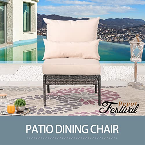 Festival Depot Patio Wicker Dining Chair, All-Weather Rattan Sectional Sofa Outdoor Furniture with Metal Frame Removable Seat & Back Cushion Pillow for Garden Pool Backyard Lawn (Beige)