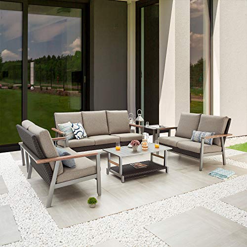 Festival Depot 6pcs Patio Conversation Set Wicker Armchair Rattan Loveseat All Weather 3-Seater with Grey Thick Cushions and Side Coffee Table in Metal Frame Outdoor Furniture for Deck Poolside 