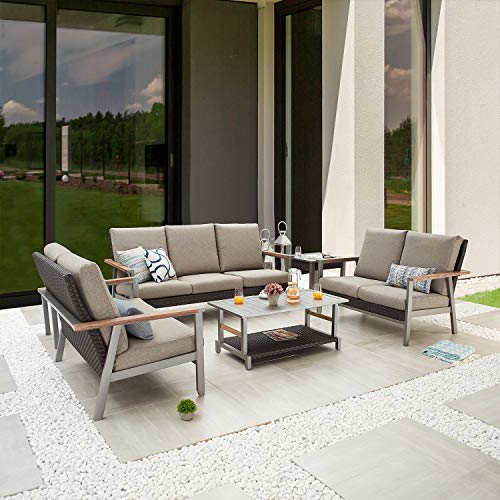 Festival Depot 6pcs Patio Conversation Set Wicker Armchair Rattan Loveseat All Weather 3-Seater with Grey Thick Cushions and Side Coffee Table in Metal Frame Outdoor Furniture for Deck Poolside