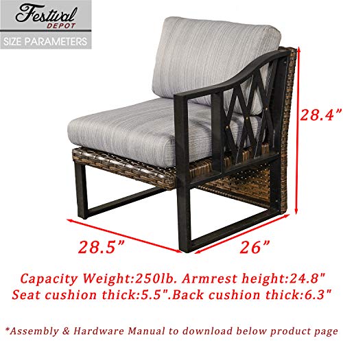 Festival Depot Dining Outdoor Patio Bistro Furniture Left Curved Armrest Section Chairs Wicker Rattan Premium Fabric Soft 5.5" Cushions with Metal Steel Frame Legs for Garden Poolside Lawn All-Weather