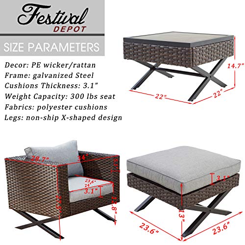 Festival Depot 5 Pieces Patio Outdoor Conversation Brown Wicker Rattan Chairs Cushions Ottomans Set Coffee Square Table Classic Metal Frame Furniture Garden Bistro Seating Grey Thick Soft Cushion 