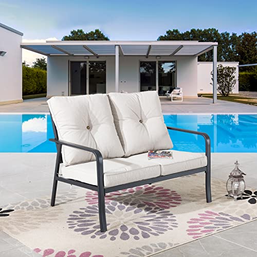 Festival Depot 1 Piece Patio Loveseat Outdoor Furniture, All-Weather 2-Seats Sofa with Curved Armrest, Metal Steel Frame and Detachable Seat & Back Cushion for Porch Balcony Deck Poolside, Beige