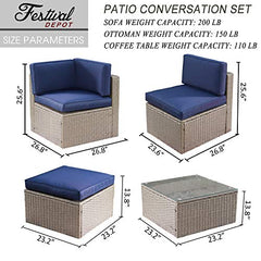 Festival Depot 8pcs Patio Furniture Set Outdoor Sectional PE Wicker Sofa Set Rattan Conversation Set with Coffee Table Ottoman and Washable Seat Cushions Blue and Grey