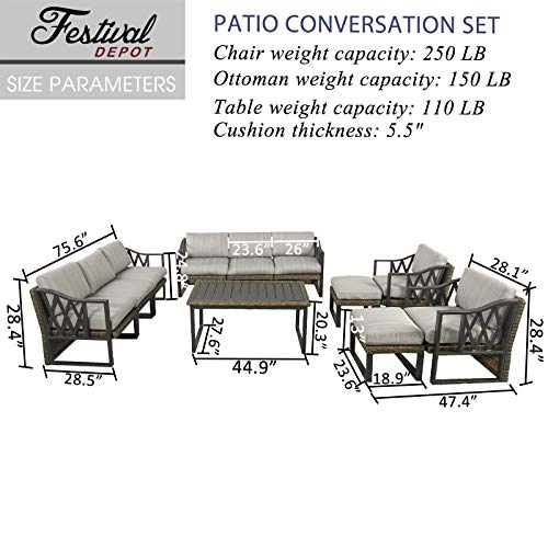 Festival Depot 11Pc Outdoor Furniture Patio Conversation Set Sectional Sofa Chairs All Weather Wicker Ottoman Metal Frame Rectangle Slatted Coffee Table with Thick Grey Seat Back Cushions No Pillows