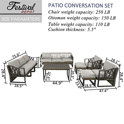 Festival Depot 11Pc Outdoor Furniture Patio Conversation Set Sectional Sofa Chairs All Weather Wicker Ottoman Metal Frame Rectangle Slatted Coffee Table with Thick Grey Seat Back Cushions No Pillows 
