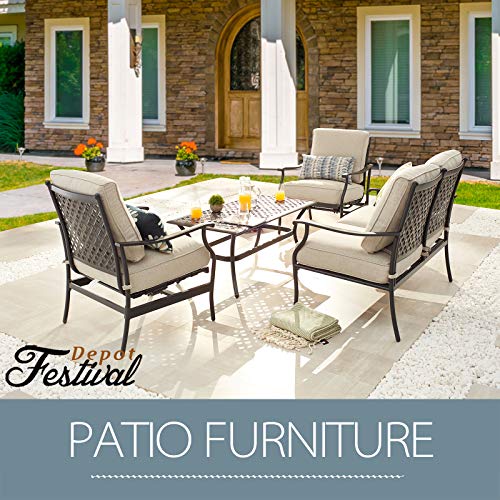 Festival Depot 4pc 4 Seats Patio Conversation Outdoor ArmChairs Loveseat Set with Coffee Table Fabric Metal Frame Furniture Garden Bistro Seating Thick Soft Cushions
