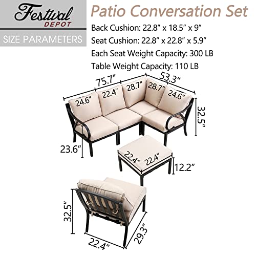 Festival Depot 6 Pieces Patio Conversation Set Sectional Corner Chair Ottoman with Thick Cushions and Side Coffee Table All Weather Metal Outdoor Furniture for Garden Deck, Beige 