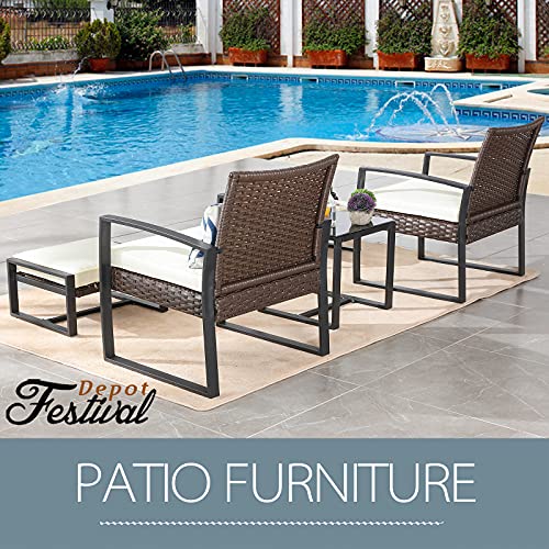 Festival Depot 5 Pieces Outdoor Furniture Patio All-Weather Rattan Conversation Set Armchair, Ottoman with Cushions and Coffee Table with Glass and Metal Frame for Garden Deck Poolside Balcony