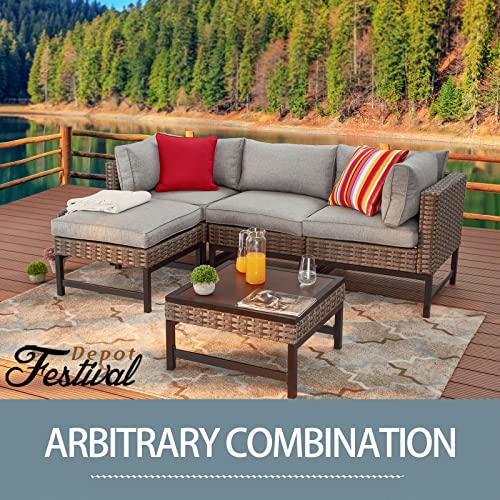 Festival Depot Patio Armless Chairs Outdoor Furniture with Woven Wicker Rattan, Metal Frame and Comfy 3.1" Thickness Cushions for Garden Deck Porch Poolside Backyard