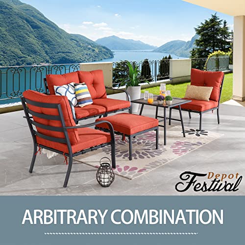 Festival Depot 6 Pcs Patio Conversation Set Sectional Sofa Chair Outdoor Furniture All-Weather Bistro Set with Armchair Left-arm&Right-arm Armless Chair Ottoman Side Table for Garden Porch Deck (Red) 