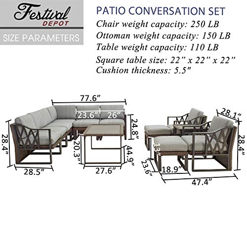 Festival Depot 12Pc Outdoor Furniture Patio Conversation Set Sectional Corner Sofa Chairs All Weather Wicker Ottoman Metal Frame Slatted Coffee Table with Thick Grey Seat Back Cushions Without Pillows