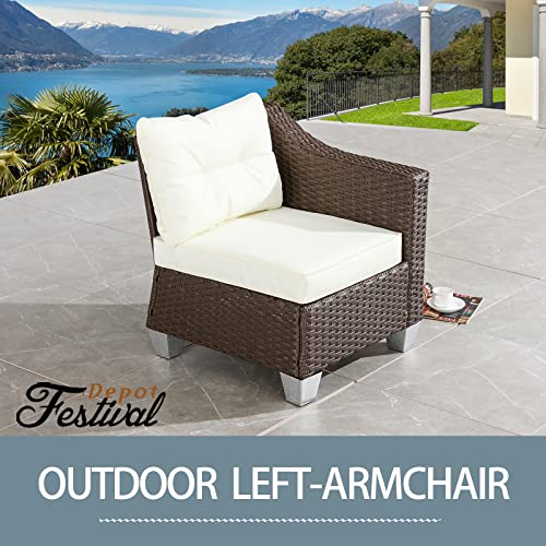 Festival Depot Patio Rattan Wicker Single Sofa Outdoor Sectional Chair with Removable Cushion Metal Frame All Weather Waterproof Furniture Seating for Garden Yard Lawn Pool (Beige)