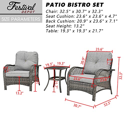 3-Pieces Patio Bistro Set PE Wicker Armchairs Set of 2 with Tempered Glass Top Side Table 
