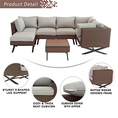 Festival Depot 7pcs Outdoor Furniture Patio Conversation Set Sectional Corner Sofa Chairs with X Shaped Metal Leg All Weather Brown Rattan Wicker Ottoman Side Coffee Table with Grey Seat Back Cushions 