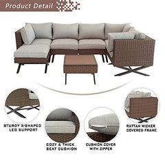 Festival Depot 7pcs Outdoor Furniture Patio Conversation Set Sectional Corner Sofa Chairs with X Shaped Metal Leg All Weather Brown Rattan Wicker Ottoman Side Coffee Table with Grey Seat Back Cushions