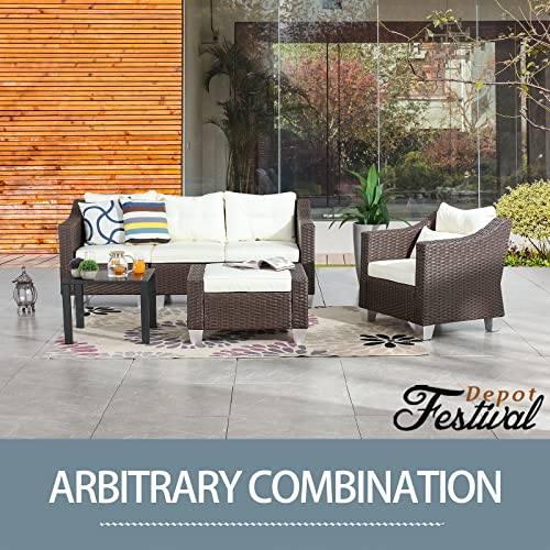 Festival Depot 6 Pcs Patio Conversation Set Outdoor Furniture Combination Sectional Sofa All-Weather PE Wicker Metal Armchairs with Seating Back Cushions Side Coffee Table Ottoman (Beige) 