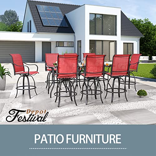 Festival Depot 3 Pcs Patio Bistro Bar Set High Stools Outdoor Furniture with 360° Swivel Armrest Chairs, Coffee Table with Tempered Glass Desktop, Metal Frame for Deck Poolside Garden Porch