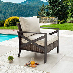 Festival Depot Patio Armchair Wicker Dining Chair with Thick Cushions Outdoor Furniture for Bistro Garden Yard All-Weather