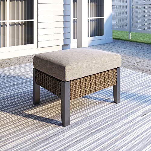 Festival Depot Patio Ottoman Rattan Wicker Footstool with Thick Cushion Metal Foot Rest Outdoor Furniture for Garden Yard Lawn All Weather