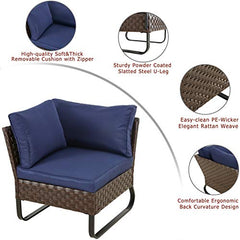 Festival Depot Dining Outdoor Patio Bistro Furniture Corner Section Chairs Wicker Rattan Premium Fabric Soft & Deep Cushions with Side U Shaped Slatted Steel Legs for Garden Yard Poolside All-Weather