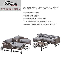Festival Depot 10 Pieces Outdoor Furniture Patio Conversation Set Combination Sectional Sofa Loveseat All-Weather Wicker Metal Chairs with Seating Back Cushions Side Coffee Table,Gray