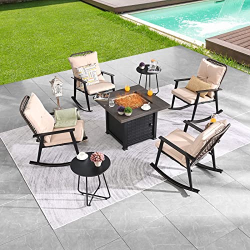 Festival Depot 7 Pieces Outdoor Fire Pit Table Set, Patio Conversation Set, Square Propane Gas Table, 4 PE Wicker Rocking Armchairs w/ Cushions and 2 Side Table Metal Furniture (Beige)