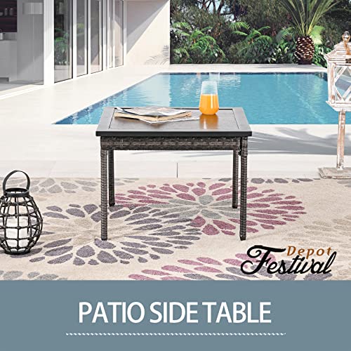 Chic All-Weather Rattan & Metal Side Table with Wood-Like Top 