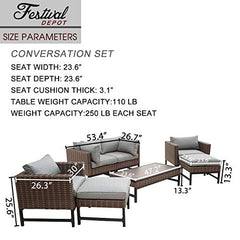 Festival Depot 7 Pcs Patio Outdoor Conversation Wicker Chairs Cushions Ottomans Set with Coffee Square Table Metal Frame Furniture Garden Bistro Seating Thick Soft Cushion (Gray)