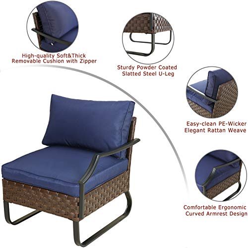 Festival Depot Dining Outdoor Patio Bistro Furniture Left Armrest Section Chair with Curved Armrest Wicker Rattan Soft Cushion with Side U Shaped Slatted Steel Leg for Garden Yard Poolside All-Weather