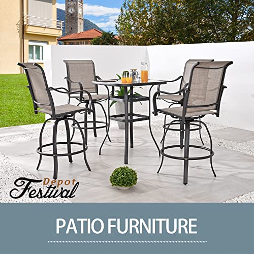 Festival Depot 5 Pcs Patio Bistro Set 360° Swivel Chairs and Bar Height Table with Tempered Glass Top Outdoor Furniture Dining Set (4 Chairs,1 Table) (Grey) 