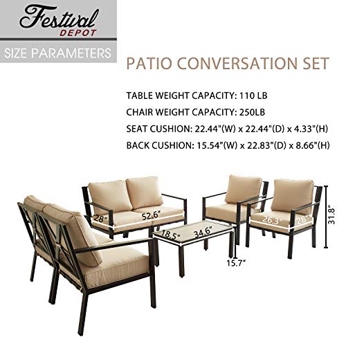 Festival Depot 7-Pieces Patio Outdoor Furniture Conversation Sets Loveseat Sectional Sofa, All-Weather Black Slatted Back Chairs with Coffee Table and Soft Removable Couch Cushions (Beige) 