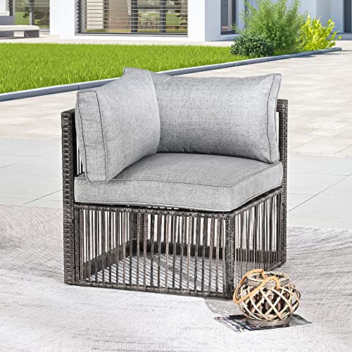 Festival Depot Wicker Patio Single Sofa, Outdoor Right-arm Chair, All-Weather Brown PE Rattan Couch Chair Waterproof Sectional Furniture for Balcony Garden Pool Lawn Backyard (Grey Thick Cushion)