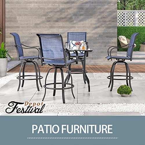 Festival Depot 3 Pcs Patio Bistro Bar Set High Stools Outdoor Furniture with 360° Swivel Armrest Chairs, Coffee Table with Tempered Glass Desktop, Metal Frame for Deck Poolside Garden Porch