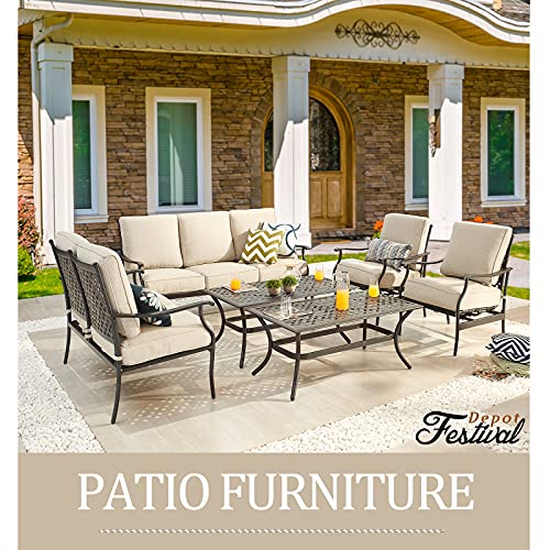 Festival Depot 6Pcs Outdoor Furniture Patio Conversation Set All Weather Black Metal Armchairs Loveseat with Seat and Back Cushions, 3-Seating Chair, Rectangle Coffee Table for Deck Lawn Garden