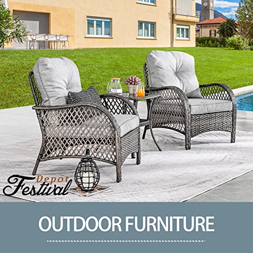 3-Pieces Patio Bistro Set PE Wicker Armchairs Set of 2 with Tempered Glass Top Side Table 