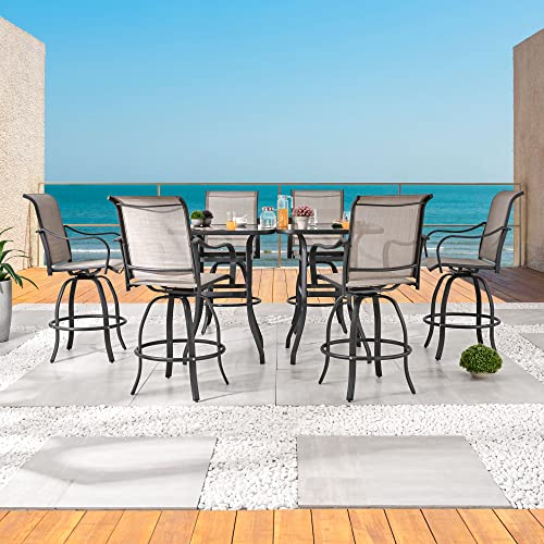 Festival Depot 8pcs Outdoor Patio Dining Furniture Sets Bar Bistro High Stools 360° Swivel Chairs with Slatted Steel Curved Armrest Coffee Table Tempered Glass Desktop (6 Chairs,2 Table) 