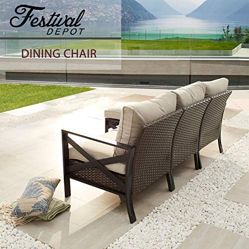Festival Depot Outdoor Patio Bistro Dining Chair Right Armrest Sofa with X-Shaped Armrest Chair Wicker Rattan with Thick Soft Cushion with Steel Frames for Garden Yard Poolside