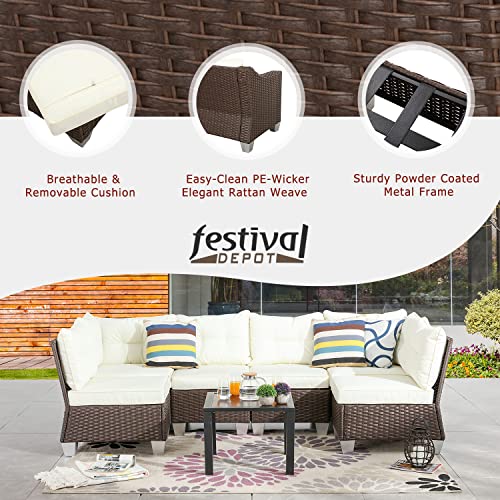 Festival Depot 7 Pcs Patio Conversation Set Outdoor Furniture Combination Sectional Sofa All-Weather PE Wicker Metal Armchairs with Seating Back Cushions Side Coffee Table (Beige)