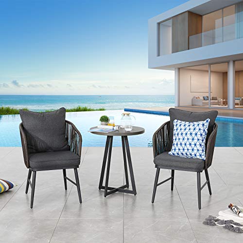Festival Depot 3 Pcs Patio Bistro Set Outdoor Furniture with 2 Rattan Wicker Chair, Seat and Back Cushion and 1 Wood Grain Desktop Coffee Table 