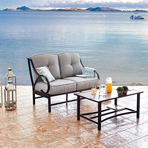 Festival Depot 2 Pieces Patio Loveseat Metal Frame with Coffee Table Set Conversation Premium Fabric Metal Frame Furniture Set Garden Bistro Seating Chair Thick&Soft Cushion (Loveseat, Grey) 