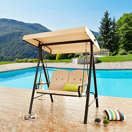 Festival Depot 2-Seats Outdoor Patio Swing Chair with Adjustable Convertible Canopy Hanging Furniture, Removable Thick Cushions, Weather Resistant Steel Frame for Balcony Poolside Deck (Khaki)