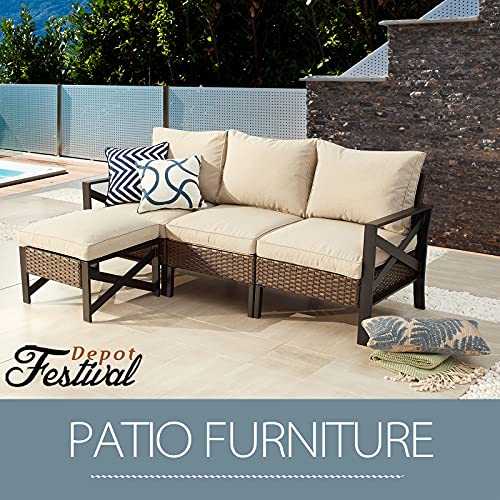 Festival Depot 1 Pieces Outdoor Patio Non-Armrest Chair Armless Sofa with Couch Cushions and Metal Frame Wicker Rattan Furniture for Garden Backyard Poolside Deck