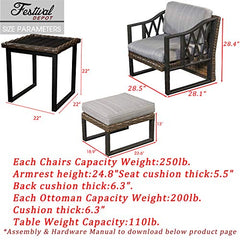 Festival Depot 5 Pcs Bistro Outdoor Patio Furniture Conversation Set Wicker Rattan Armchairs Rectangle Ottoman with Premium Fabric Cushion Square Side Coffee Table with Metal Slatted Steel Legs Frame