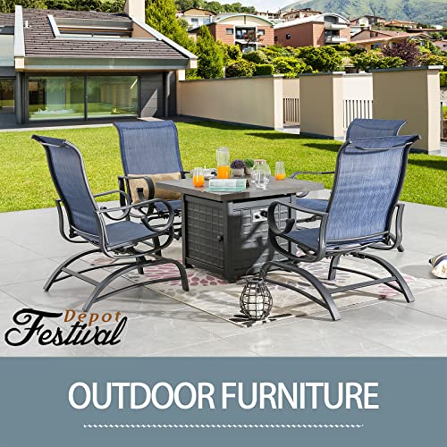 Festival Depot 5Pcs Patio Fire Pit Table Set, Outdoor Furniture Conversation Set, Propane Square Table and 4 Armchairs with High Textilene Back and Metal Frame for Backyard Porch Deck Garden (Blue) 
