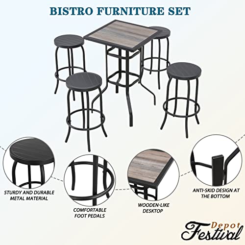 Sports Festival 5 Pcs Patio Bistro Height Set Outdoor Furniture, 4 Backless Bar Stool Chair with a Round Seat, Foot Pedals and Wooden Finish Desktop Metal Frame Steel Square Table for Deck Garden Lawn 