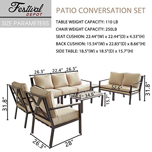 Festival Depot Outdoor Furniture Patio Conversation Sets Loveseat Armchair, All-Weather Black X Slatted Backrest Chairs with Coffee Side Table and Thick Soft Removable Couch Cushions